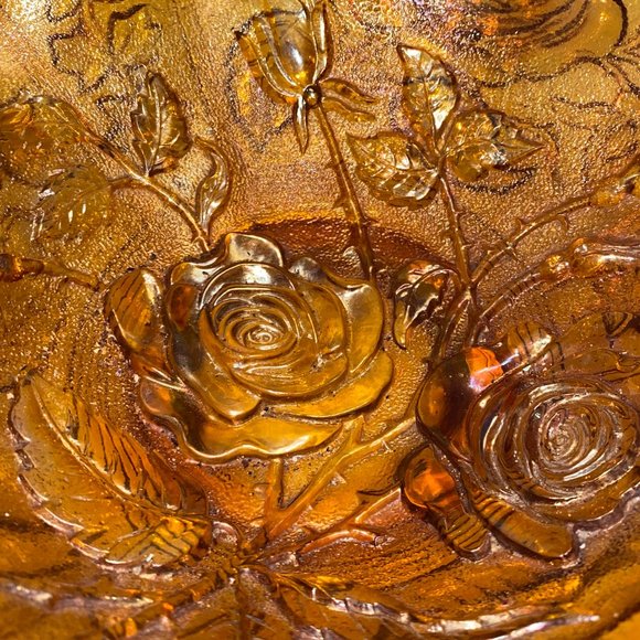 Vintage Imperial Glass Marigold Dish Bowl Ruffles Roses Floral Impressed - Picture 2 of 5